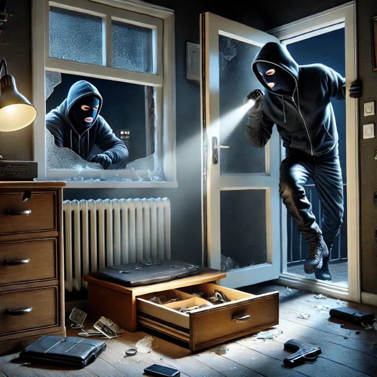 DALL·E 2025-02-05 22.09.22 - A realistic illustration of a nighttime burglary scene. A masked thief dressed in dark clothing is seen sneaking into a dimly lit house through a brok